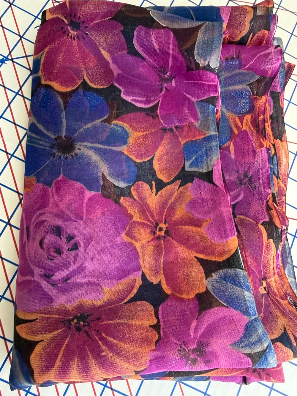 Vintage 90s Floral Chiffon Fabric 5.5 Yards Sheer Drapey Jewel Tone Floral